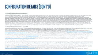 176
© 2019 Intel Corporation
Configurationdetails(Cont’d)
1.4x training throughput improvement in August 2018:
Tested by Intel as of measured August 2nd 2018. Processor: 2 socket Intel(R) Xeon(R) Platinum 8180 CPU @ 2.50GHz / 28 cores HT ON , Turbo ON Total Memory 376.46GB (12slots / 32 GB / 2666 MHz). CentOS Linux-
7.3.1611-Core kernel 3.10.0-693.11.6.el7.x86_64, SSD sda RS3WC080 HDD 744.1GB,sdb RS3WC080 HDD 1.5TB,sdc RS3WC080 HDD 5.5TB , Deep Learning Framework Intel® Optimizations for caffe
version:a3d5b022fe026e9092fc7abc7654b1162ab9940d Topology::resnet_50 BIOS:SE5C620.86B.00.01.0013.030920180427 MKLDNN: version: 464c268e544bae26f9b85a2acb9122c766a4c396 NoDataLayer.
Measured: 123 imgs/sec vs Intel tested July 11th 2017 Platform: Platform: 2S Intel® Xeon® Platinum 8180 CPU @ 2.50GHz (28 cores), HT disabled, turbo disabled, scaling governor set to “performance” via intel_pstate
driver, 384GB DDR4-2666 ECC RAM. CentOS Linux release 7.3.1611 (Core), Linux kernel 3.10.0-514.10.2.el7.x86_64. SSD: Intel® SSD DC S3700 Series (800GB, 2.5in SATA 6Gb/s, 25nm, MLC).Performance measured with:
Environment variables: KMP_AFFINITY='granularity=fine, compact‘, OMP_NUM_THREADS=56, CPU Freq set with cpupower frequency-set -d 2.5G -u 3.8G -g performance. Caffe: (http://github.com/intel/caffe/), revision
f96b759f71b2281835f690af267158b82b150b5c. Inference measured with “caffe time --forward_only” command, training measured with “caffe time” command. For “ConvNet” topologies, dummy dataset was used. For
other topologies, data was stored on local storage and cached in memory before training. Topology specs from https://github.com/intel/caffe/tree/master/models/intel_optimized_models (GoogLeNet, AlexNet, and
ResNet-50), https://github.com/intel/caffe/tree/master/models/default_vgg_19 (VGG-19), and https://github.com/soumith/convnet-benchmarks/tree/master/caffe/imagenet_winners (ConvNet benchmarks; files were
updated to use newer Caffe prototxt format but are functionally equivalent). Intel C++ compiler ver. 17.0.2 20170213, Intel MKL small libraries version 2018.0.20170425. Caffe run with “numactl -l“.
5.4x inference throughput improvement in August 2018:
Tested by Intel as of measured July 26th 2018 :2 socket Intel(R) Xeon(R) Platinum 8180 CPU @ 2.50GHz / 28 cores HT ON , Turbo ON Total Memory 376.46GB (12slots / 32 GB / 2666 MHz). CentOS Linux-7.3.1611-Core,
kernel: 3.10.0-862.3.3.el7.x86_64, SSD sda RS3WC080 HDD 744.1GB,sdb RS3WC080 HDD 1.5TB,sdc RS3WC080 HDD 5.5TB , Deep Learning Framework Intel® Optimized caffe
version:a3d5b022fe026e9092fc7abc7654b1162ab9940d Topology::resnet_50_v1 BIOS:SE5C620.86B.00.01.0013.030920180427 MKLDNN: version:464c268e544bae26f9b85a2acb9122c766a4c396 instances: 2
instances socket:2 (Results on Intel® Xeon® Scalable Processor were measured running multiple instances of the framework. Methodology described here: https://software.intel.com/en-us/articles/boosting-deep-learning-
training-inference-performance-on-xeon-and-xeon-phi) NoDataLayer. Datatype: INT8 Batchsize=64 Measured: 1233.39 imgs/sec vs Tested by Intel as of July 11th 2017:2S Intel® Xeon® Platinum 8180 CPU @ 2.50GHz (28
cores), HT disabled, turbo disabled, scaling governor set to “performance” via intel_pstate driver, 384GB DDR4-2666 ECC RAM. CentOS Linux release 7.3.1611 (Core), Linux kernel 3.10.0-514.10.2.el7.x86_64. SSD: Intel®
SSD DC S3700 Series (800GB, 2.5in SATA 6Gb/s, 25nm, MLC).Performance measured with: Environment variables: KMP_AFFINITY='granularity=fine, compact‘, OMP_NUM_THREADS=56, CPU Freq set with cpupower
frequency-set -d 2.5G -u 3.8G -g performance. Caffe: (http://github.com/intel/caffe/), revision f96b759f71b2281835f690af267158b82b150b5c. Inference measured with “caffe time --forward_only” command, training
measured with “caffe time” command. For “ConvNet” topologies, dummy dataset was used. For other topologies, data was stored on local storage and cached in memory before training. Topology specs from
https://github.com/intel/caffe/tree/master/models/intel_optimized_models (ResNet-50). Intel C++ compiler ver. 17.0.2 20170213, Intel MKL small libraries version 2018.0.20170425. Caffe run with “numactl -l“.
11X inference thoughput improvement with CascadeLake:
Future Intel Xeon Scalable processor (codename Cascade Lake) results have been estimated or simulated using internal Intel analysis or architecture simulation or modeling, and provided to you for informational purposes.
Any differences in your system hardware, software or configuration may affect your actual performance vs Tested by Intel as of July 11th 2017: 2S Intel® Xeon® Platinum 8180 CPU @ 2.50GHz (28 cores), HT disabled, turbo
disabled, scaling governor set to “performance” via intel_pstate driver, 384GB DDR4-2666 ECC RAM. CentOS Linux release 7.3.1611 (Core), Linux kernel 3.10.0-514.10.2.el7.x86_64. SSD: Intel® SSD DC S3700 Series
(800GB, 2.5in SATA 6Gb/s, 25nm, MLC).Performance measured with: Environment variables: KMP_AFFINITY='granularity=fine, compact‘, OMP_NUM_THREADS=56, CPU Freq set with cpupower frequency-set -d 2.5G -u
3.8G -g performance. Caffe: (http://github.com/intel/caffe/), revision f96b759f71b2281835f690af267158b82b150b5c. Inference measured with “caffe time --forward_only” command, training measured with “caffe time”
command. For “ConvNet” topologies, dummy dataset was used. For other topologies, data was stored on local storage and cached in memory before training. Topology specs from
https://github.com/intel/caffe/tree/master/models/intel_optimized_models (ResNet-50),. Intel C++ compiler ver. 17.0.2 20170213, Intel MKL small libraries version 2018.0.20170425. Caffe run with “numactl -l“.
 