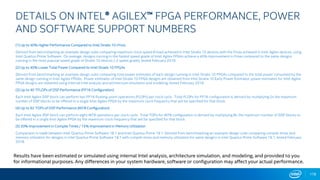 DETAILS ON INTEL® AGILEX™ FPGA PERFORMANCE, POWER
AND SOFTWARE SUPPORT NUMBERS
(1) Up to 40% Higher Performance Compared to Intel Stratix 10 FPGAs
Derived from benchmarking an example design suite comparing maximum clock speed (Fmax) achieved in Intel Stratix 10 devices with the Fmax achieved in Intel Agilex devices, using
Intel Quartus Prime Software. On average, designs running in the fastest speed grade of Intel Agilex FPGAs achieve a 40% improvement in Fmax compared to the same designs
running in the most popular speed grade of Stratix 10 devices (-2 speed grade), tested February 2019.
(2) Up to 40% Lower Total Power Compared to Intel Stratix 10 FPGAs
Derived from benchmarking an example design suite comparing total power estimates of each design running in Intel Stratix 10 FPGAs compared to the total power consumed by the
same design running in Intel Agilex FPGAs. Power estimates of Intel Stratix 10 FPGA designs are obtained from Intel Stratix 10 Early Power Estimator; power estimates for Intel Agilex
FPGA designs are obtained using internal Intel analysis and architecture simulation and modeling, tested February 2019.
(3) Up to 40 TFLOPs of DSP Performance (FP16 Configuration)
Each Intel Agilex DSP block can perform two FP16 floating-point operations (FLOPs) per clock cycle. Total FLOPs for FP16 configuration is derived by multiplying 2x the maximum
number of DSP blocks to be offered in a single Intel Agilex FPGA by the maximum clock frequency that will be specified for that block.
(4) Up to 92 TOPs of DSP Performance (INT8 Configuration)
Each Intel Agilex DSP block can perform eight INT8 operations per clock cycle. Total TOPs for INT8 configuration is derived by multiplying 8x the maximum number of DSP blocks to
be offered in a single Intel Agilex FPGA by the maximum clock frequency that will be specified for that block.
(5) 30% Improvement in Compile Times / 15% Improvement in Memory Utilization
Comparison is made between Intel Quartus Prime Software 18.1 and Intel Quartus Prime 19.1. Derived from benchmarking an example design suite comparing compile times and
memory utilization for designs in Intel Quartus Prime Software 18.1 with compile times and memory utilization for same designs in Intel Quartus Prime Software 19.1, tested February
2019.
178
Results have been estimated or simulated using internal Intel analysis, architecture simulation, and modeling, and provided to you
for informational purposes. Any differences in your system hardware, software or configuration may affect your actual performance.
 