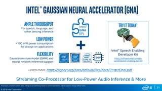 21
© 2019 Intel Corporation
https://software.intel.com/en-
us/iot/speech-enabling-dev-kit
TryitTODAY!
Intel® Speech Enabling
Developer Kit
Learn more: https://sigport.org/sites/default/files/docs/PosterFinal.pdf
Amplethroughput
For speech, language, and
other sensing inference
Lowpower
<100 mW power consumption
for always-on applications
Flexibility
Gaussian mixture model (GMM) and
neural network inference support
Intel®
GNA
(IP)
DSP
Intel®Gaussianneuralaccelerator(GNA)
Streaming Co-Processor for Low-Power Audio Inference & More
All products, computer systems, dates, and figures are preliminary based on current expectations, and are subject to change without notice.
 
