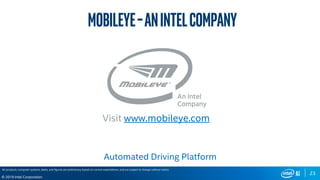 23
© 2019 Intel Corporation
Visit www.mobileye.com
Mobileye–anintelcompany
Automated Driving Platform
All products, computer systems, dates, and figures are preliminary based on current expectations, and are subject to change without notice.
 