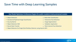 41
© 2019 Intel Corporation
 Object Detection  Hello Infer Classification
 Standard & Pipelined Image Classification  Interactive Face Detection
 Security Barrier  Image Segmentation
 Object Detection SSD  Validation Application
 Neural Style Transfer  Multi-channel Face Detection
 Object Detection for Single Shot Multibox Detector using Asynch API+
Save Time with Deep Learning Samples
Use Model Optimizer & Inference Engine for public models & Intel pretrained models
 