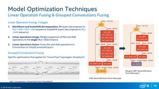 96
© 2019 Intel Corporation
Model Optimization Techniques
Linear Operation Fusing & Grouped Convolutions Fusing
Linear Operation Fusing: 3 stages
1. BatchNorm and ScaleShift decomposition: BN layers decomposes to
Mul->Add->Mul->Add sequence; ScaleShift layers decomposes to Mul-
>Add sequence.
2. Linear operations merge: Merges sequences of Mul and Add
operations to the single Mul->Add instance.
3. Linear operations fusion: Fuses Mul and Add operations to
Convolution or FullybConnected layers.
Grouped Convolutions Fusing
Specific optimization that applies for TensorFlow* topologies. (Xception*)
Caffe Resnet269 block (from Netscope)
Merged Caffe* Resnet269 block
(from Netscope*)
Split->Convolutions->Concat block from TensorBoard*
 