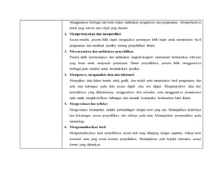 Menggunakan berbagai alat bantu dalam melakukan pengukuran dan pengamatan. Memperhatikan
detail yang relevan dari objek yang diamati.
2. Mempertanyakan dan memprediksi
Secara mandiri, peserta didik dapat mengajukan pertanyaan lebih lanjut untuk memperjelas hasil
pengamatan dan membuat prediksi tentang penyelidikan ilmiah.
3. Merencanakan dan melakukan penyelidikan
Peserta didik merencanakan dan melakukan langkah-langkah operasional berdasarkan referensi
yang benar untuk menjawab pertanyaan. Dalam penyelidikan, peserta didik menggunakan
berbagai jenis variabel untuk membuktikan prediksi.
4. Memproses, menganalisis data dan informasi
Menyajikan data dalam bentuk tabel, grafik, dan model serta menjelaskan hasil pengamatan dan
pola atau hubungan pada data secara digital atau non digital. Mengumpulkan data dari
penyelidikan yang dilakukannya, menggunakan data sekunder, serta menggunakan pemahaman
sains untuk mengidentifikasi hubungan dan menarik kesimpulan berdasarkan bukti ilmiah.
5. Mengevaluasi dan refleksi
Mengevaluasi kesimpulan melalui perbandingan dengan teori yang ada. Menunjukkan kelebihan
dan kekurangan proses penyelidikan dan efeknya pada data. Menunjukkan permasalahan pada
metodologi.
6. Mengomunikasikan hasil
Mengomunikasikan hasil penyelidikan secara utuh yang ditunjang dengan argumen, bahasa serta
konvensi sains yang sesuai konteks penyelidikan. Menunjukkan pola berpikir sistematis sesuai
format yang ditentukan.
 