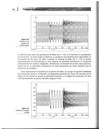 ~ Sim
•• :¡.·:· I'.Y~,.. - - - - - - - - - - - _ _ , .....,.,. _.&a
1 1 :. • .:~ . . . . . : •• : : · · · : . : :.. : . : · : : · •• •••• •• : : : · -:--.~:·_::.:·~·
Figura 6.40
Tensiones en el
primario del
transformador
(kV]
se observa que antes de producirse la falta (en t = 0,1 s) el sistema es equilibrado
en tensiones. Al tener lugar el defecto, se produce una disminución apreciable en
la tensión de las fases en falta. Cuando se despeja la falta (en t = 0,2 s) ambas
experimentan un incremento y, tras superar un periodo transitorio, se alcanzan
nuevamente los valores originales. Entretanto, la tensión de la fase sana práctica-
mente no se ve afectada y mantiene en todo momento un valor similar al de la
situación de prefalta.
Para representar la tensión en el punto de falta, se escoge la opción Contents
de la línea de menús. Al hacerlo, el programa presenta de nuevo la ventana de la
Figura 6.39, donde se anula la selección anterior y se eligen las tensiones de fase
correspondientes al punto de falta (Figura 6.41).
Figura 6.41
Tensiones en el punto
de falta
(kV]
 
