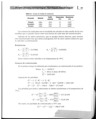 -~li . Program) ~
Tabla 6.5. Ensayos de medida de resistencias
Devanado Material
Coefic. Temperatura Resistencias
material (OC) (!l)
Primario Cobre 234,5 19 1,3577
Secundario Cobre 234,5 19 0,1898
Terciario Cobre 234,5 19 0,0687
Las resistencias indicadas son el resultado de calcular el valor medio de las tres
medidas que se pueden hacer entre dos bornes de cada lado del transformador.
Además de los datos anteriores, que se pueden llamar directos, para simular
este transformador hay que dotar al programa ATP de otros valores indirectos que
se calculan a continuación.
Resistencias
H, = ~e~:) = 0,67880
1(L,R)R2 = 2 3 = 0,09490
3('"R)R1
= 2 -3
= 0,103H1
Estos valores están referidos a la temperatura de 19°C.
Ensayos de cortocircuito
En el primer ensayo se alimenta por el primario y se cortocircuita el secundario.
Datos: U1rr = 16344 V
Separación de pérdidas:
11
(, = 183,2 A (base 40 MVA)
P19 = 166 8 kWtC 1
pl 9 = 3 . J2 . Rl 9 + 3 . [2. RI 9
i 1 1 2 2
?¡19
= 3 · 183,22
• 0,6788 + 3 · 4612
• 0,0949 = 128,9 kW
p i9 = p 19- P19 = 166 8 - 128 9 = 37 9 kW1 (( 1 1 J 1
Las pérdidas por joule y adicionales se deben transformar a la temperatura de
7S0
C.
p7s = pi9
1/CJ. + 75 = 128 9 309•5 = 157 32 kW
1 1 1/CJ. + 19 , 253,5 ,
p7s = p 19l/CJ. + 19 = 37 9 253•5 = 31 OS kW
11
a 1/CJ. + 75 ' 309,5 '
Por tanto, las pérdidas de cortocircuito a 7S°C son:
p 75"C = p 75"C + p 75"C = 188 37 kWfC 1 atlrc 1
 