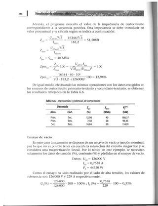 Simulación Cle~· ~:!!!!
. -=-------.~-..............__..__....r'~!~~ ·_•• : •• ...~: ···:.::..:.:·!:· .•.···- :.~~-- ··:--..::·...;:.;·:•• .•
Además, el programa necesita el valor de la impedancia de cortocircuito
correspondiente a la secuencia positiva. Esta impedancia se debe introducir en
valor porcentual y se calcula según se indica a continuación:
uATCCrv 3 16344/V'3 = 51 5080z cc = l 183,2 ,
AfCC
z = uATIIOI/Ir / 3
lms<• f
ATnom
S = S = 40 MVAi''" base
16344. 40. 106
Zpos,z = V3 .183,2. (126000)2100 = 12,98%
De igual modo, efectuando las mismas operaciones con los datos recogidos en
los ensayos de cortocircuito primario-terciario y secundario-terciario, se obtienen
los resultados reflejados en la Tabla 6.6.
Tabla 6.6. Impedancias y potencias de cortocircuito
Devanado z[IDS sbGs. p1s•c
ce
Alim. Cort. (%) (MVA) (kW)
Prim. Sec. 12,98 40 188,37
Prim. Terc. 7,38 20 99,25
Sec. Terc. 14,84 20 114,19
Ensayo de vacío
En este caso únicamente se dispone de un ensayo de vacío a tensión nominal,
por lo que no es posible tener en cuenta la saturación del circuito magnético y se
considera una magnetización lineal. Por lo tanto, en este ejemplo, se necesitan
solamente los datos de tensión(%), corriente(%) y pérdidas en el ensayo de vacío.
Datos: U10
= 126000 V
l 10
= 0,7558 A
P0
= 44750 W
Como el ensayo ha sido realizado por el lado de alta tensión, los valores de
referencia son 126000 V y 229 A respectivamente.
u(%)=
126000
. 100 = 100%. 1 (%) =
0
'
7558
. 100 =o 33%
o 126000 , o 229 ,
 