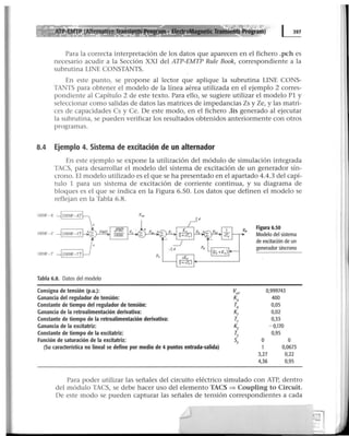 Para la correcta interpretación de los datos que aparecen en el fichero .pch es
necesario acudir a la Sección XXI del ATP-EMTP Rule Book, correspondiente a la
subrutina LINE CONSTANTS.
En este punto, se propone al lector que aplique la subrutina UNE CONS-
TANTS para obtener el modelo de la línea aérea utilizada en el ejemplo 2 corres-
pondiente al Capítulo 2 de este texto. Para ello, se sugiere utilizar el modelo Pl y
seleccionar como salidas de datos las matrices de impedancias Zs y Ze, y las matri-
ces de capacidades Cs y Ce. De este modo, en el fichero .lis generado al ejecutar
la subrutina, se pueden verificar los resultados obtenidos anteriormente con otros
programas.
8.4 Ejemplo 4. Sistema de excitación de un alternador
En este ejemplo se expone la utilización del módulo de simulación integrada
TACS, para desarrollar el modelo del sistema de excitación de un generador sín-
crono. El modelo utilizado es el que se ha presentado en el apartado 4.4.3 del capí-
tulo 1 para un sistema de excitación de corriente continua, y su diagrama de
bloques es el que se indica en la Figura 6.50. Los datos que definen el modelo se
reflejan en la Tabla 6.8.
GENE- R
GENE -S
GENE-T
Tabla 6.8. Datos del modelo
Consigna de tensión (p.u.): v,.,
Ganancia del regulador de tensión: KA
Constante de tiempo del regulador de tensión: TA
Ganancia de la retroalimentación derivativa: KF
Constante de tiempo de la retroalimentación derivativa: TF
Ganancia de la excitatriz: KE
Constante de tiempo de la excitatriz: TE
Función de saturación de la excitatriz: SE
(Su característica no lineal se define por medio de 4 puntos entrada-salida)
Figura 6.50
Modelo del sistema
de excitaciónde un
generador síncrono
0,999743
400
0,05
0,02
0,33
- 0,170
0,95
o o
0,0673
3,27 0,22
4,36 0,95
Para poder utilizar las señales del circuito eléctrico simulado con ATP, dentro
del módulo TACS, se debe hacer uso del elemento TACS => Coupling to Circuit.
De este modo se pueden capturar las señales de tensión correspondientes a cada
 