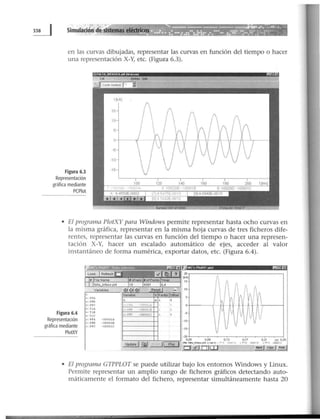 en las curvas dibujadas, representar las curvas en función del tiempo o hacer
una representación X-Y, etc. (Figura 6.3).
Figura 6.3
Representación
gráfica mediante
PCPiot
• El programa PlotXY para Windows permite representar hasta ocho curvas en
la misma gráfica, representar en la misma hoja curvas de tres ficheros dife-
rentes, representar las curvas en función del tiempo o hacer una represen-
tación X-Y, hacer un escalado automático de ejes, acceqer al valor
instantáneo de forma numérica, exportar datos, etc. (Figura 6.4).
Figura 6.4
Representación
gráfica mediante
PlotXY
~~~~ji10
. ~~~~~~~~~
v PPA 5
v : P1B
v· PPC
V' f l .A.
v · TlB
V TlC
e : PU. -XOOOl..l.
e . PPB - XOOOlB
e PPC -XOOOlC
• El programa GTPPLOT se puede utilizar bajo los entornos Windows y Linux.
Permite representar un amplio rango de ficheros gráficos detectando auto-
máticamente el formato del fichero, representar simultáneamente hasta 20
 