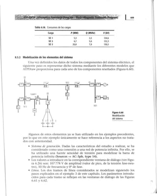 Tabla 6.18. Consumos de las cargas
Carga P(MW) Q(MVAr) V(kV)
SE 1 5,3 2,2 134,6
SE 2 6,7 5,6 132,3
SE 3 20,8 7,9 130,5
8.5.2 Modelización de los elementos del sistema
Una vez definidos los datos de todos los componentes del sistema eléctrico, el
siguiente paso es representar dicho sistema mediante los diferentes modelos que
ATPDraw proporciona para cada uno de los componentes reseñados (Figura 6.60).
V
TTT
SE1
Figura 6.60
Modelización
del sistema
Algunos de estos elementos ya se han utilizado en los ejemplos precedentes,
por lo que en este ejemplo únicamente se hace referencia a los aspectos no trata-
dos con anterioridad.
• Sistema de generación. Dadas las características del estudio a realizar, se ha
considerado como una conexión a una red de potencia infinita. Por ello, se
ha utilizado una fuente senoidal de tensión para modelizar la barra de
potencia infinita (Sources::::) AC-3ph. type 14).
• Los valores a introducir en la correspondiente ventana de diálogo (ver Figu-
ra 6.26) son: 107 778 V de amplitud (valor de pico, de la tensión fase-neu-
tro), SO Hz de frecuencia y oo de fase.
• Línea. Los dos tramos de línea considerados se modelizan siguiendo los
pasos explicados en el ejemplo 3 de este capítulo. Los parámetros introdu-
cidos para cada tramo se reflejan en las ventanas de diálogo de las Figuras
6.61 y 6.62.
 