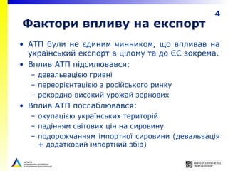 4
Фактори впливу на експорт
• АТП були не єдиним чинником, що впливав на
український експорт в цілому та до ЄС зокрема.
• Вплив АТП підсилювався:
– девальвацією гривні
– переорієнтацією з російського ринку
– рекордно високий урожай зернових
• Вплив АТП послаблювався:
– окупацією українських територій
– падінням світових цін на сировину
– подорожчанням імпортної сировини (девальвація
+ додатковий імпортний збір)
 