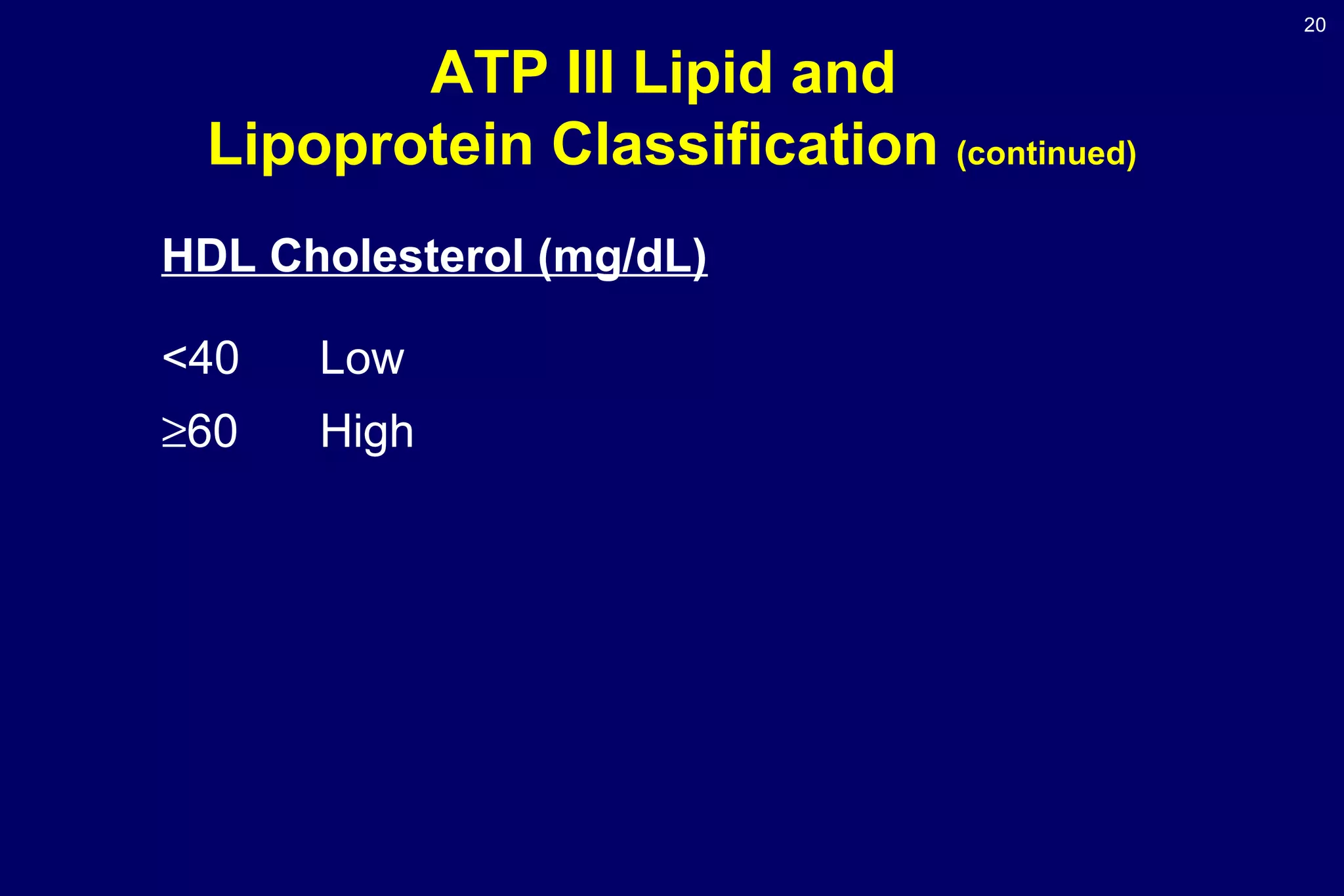 20
ATP III Lipid and
Lipoprotein Classification (continued)
HDL Cholesterol (mg/dL)
<40 Low
≥60 High
 