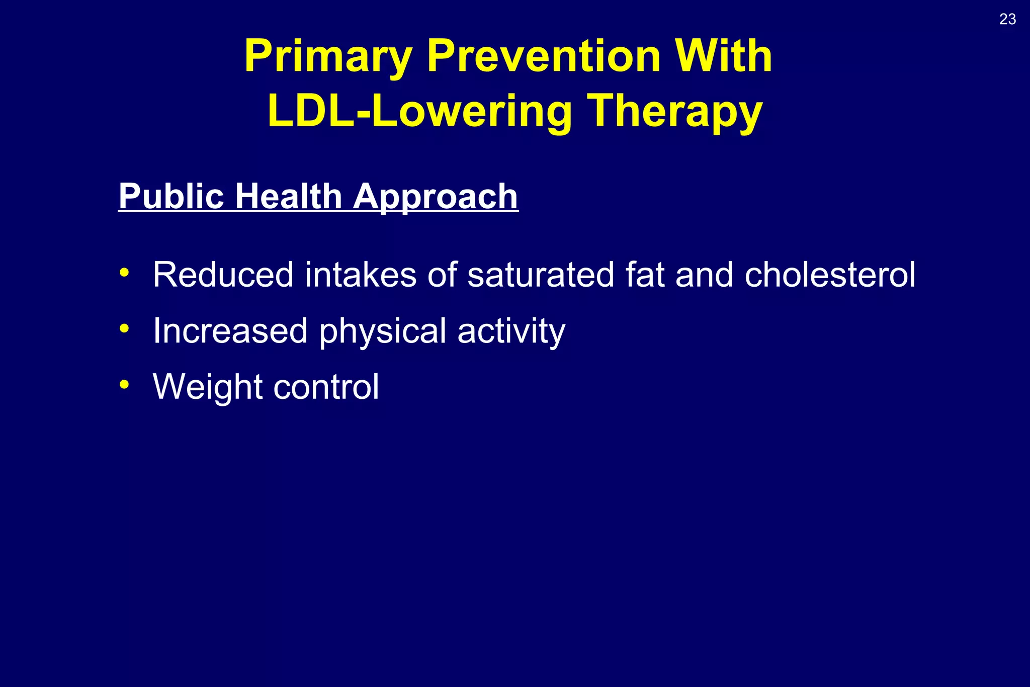 23
Primary Prevention With
LDL-Lowering Therapy
Public Health Approach
• Reduced intakes of saturated fat and cholesterol
• Increased physical activity
• Weight control
 