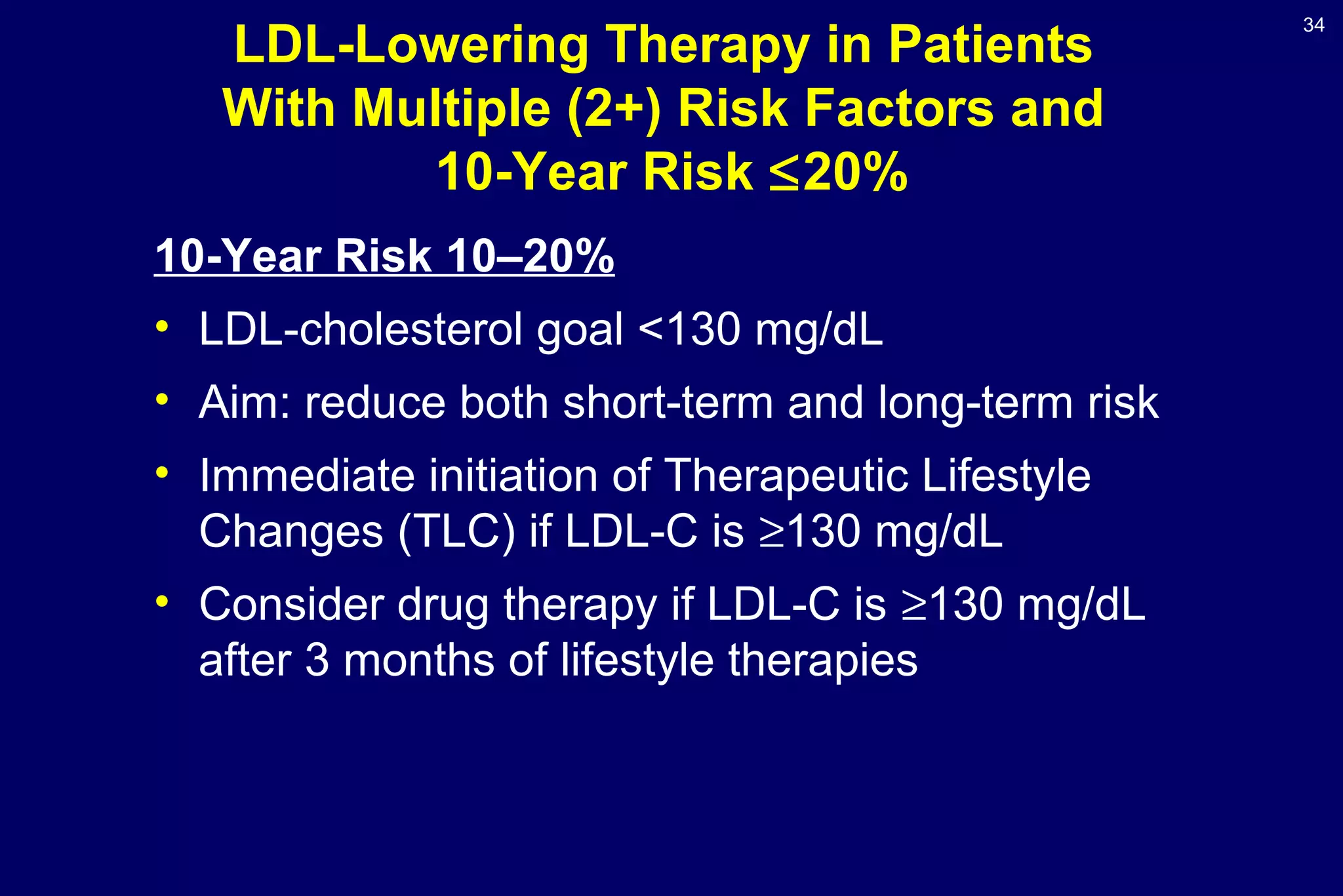 34
LDL-Lowering Therapy in Patients
With Multiple (2+) Risk Factors and
10-Year Risk ≤20%
10-Year Risk 10–20%
• LDL-cholesterol goal <130 mg/dL
• Aim: reduce both short-term and long-term risk
• Immediate initiation of Therapeutic Lifestyle
Changes (TLC) if LDL-C is ≥130 mg/dL
• Consider drug therapy if LDL-C is ≥130 mg/dL
after 3 months of lifestyle therapies
 
