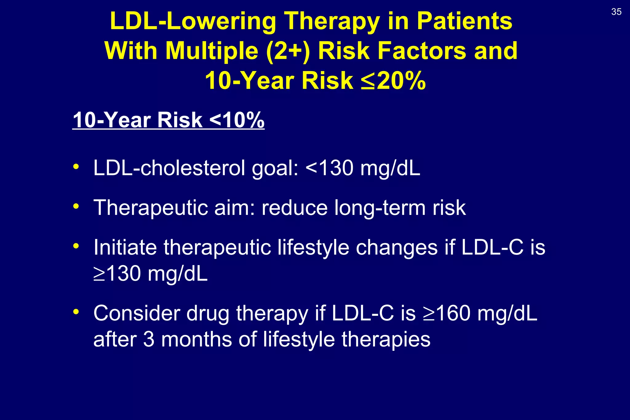 35
LDL-Lowering Therapy in Patients
With Multiple (2+) Risk Factors and
10-Year Risk ≤20%
10-Year Risk <10%
• LDL-cholesterol goal: <130 mg/dL
• Therapeutic aim: reduce long-term risk
• Initiate therapeutic lifestyle changes if LDL-C is
≥130 mg/dL
• Consider drug therapy if LDL-C is ≥160 mg/dL
after 3 months of lifestyle therapies
 