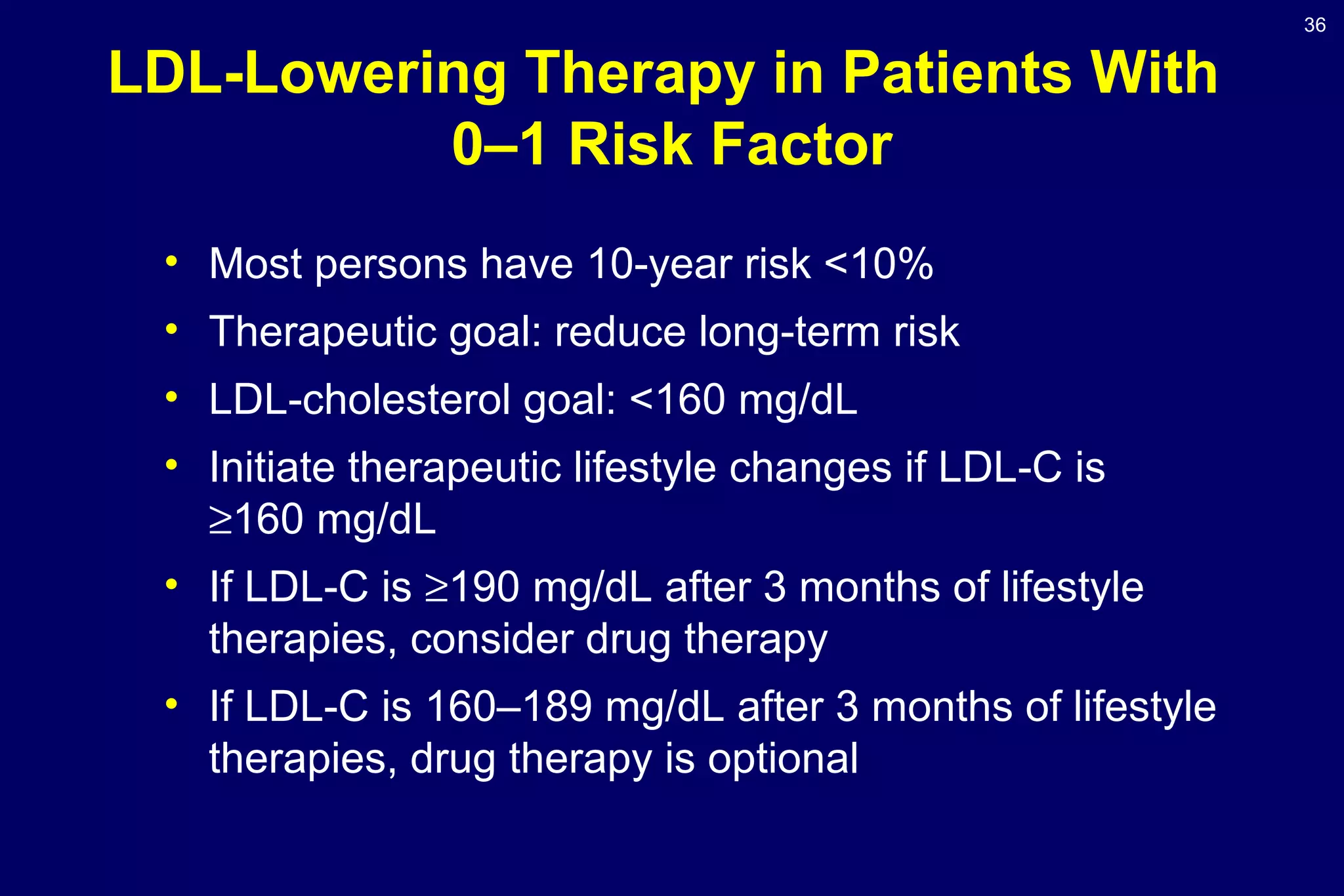 36
LDL-Lowering Therapy in Patients With
0–1 Risk Factor
• Most persons have 10-year risk <10%
• Therapeutic goal: reduce long-term risk
• LDL-cholesterol goal: <160 mg/dL
• Initiate therapeutic lifestyle changes if LDL-C is
≥160 mg/dL
• If LDL-C is ≥190 mg/dL after 3 months of lifestyle
therapies, consider drug therapy
• If LDL-C is 160–189 mg/dL after 3 months of lifestyle
therapies, drug therapy is optional
 