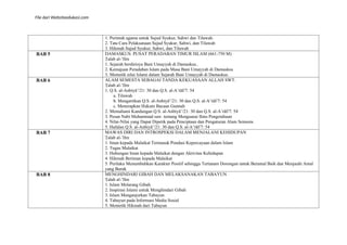 File dari Websiteedukasi.com
1. Perintah agama untuk Sujud Syukur, Sahwi dan Tilawah.
2. Tata Cara Pelaksanaan Sujud Syukur, Sahwi, dan Tilawah
3. Hikmah Sujud Syukur, Sahwi, dan Tilawah
BAB 5 DAMASKUS: PUSAT PERADABAN TIMUR ISLAM (661-750 M)
Ṭalab al-’Ilm
1. Sejarah berdirinya Bani Umayyah di Damaskus..
2. Kemajuan Peradaban Islam pada Masa Bani Umayyah di Damaskus
3. Memetik nilai Islami dalam Sejarah Bani Umayyah di Damaskus.
BAB 6 ALAM SEMESTA SEBAGAI TANDA KEKUASAAN ALLAH SWT.
Ṭalab al-’Ilm
1. Q.S. al-Anbiyā’/21: 30 dan Q.S. al-A’rāf/7: 54
a. Tilawah
b. Mengartikan Q.S. al-Anbiyā’/21: 30 dan Q.S. al-A’rāf/7: 54
c. Menerapkan Hukum Bacaan Gunnah
2. Memahami Kandungan Q.S. al-Anbiyā’/21: 30 dan Q.S. al-A’rāf/7: 54
3. Pesan Nabi Muhammad saw. tentang Menguasai Ilmu Pengetahuan
4. Nilai-Nilai yang Dapat Dipetik pada Penciptaan dan Pengaturan Alam Semesta
5. Hafalan Q.S. al-Anbiyā’/21: 30 dan Q.S. al-A’rāf/7: 54
BAB 7 MAWAS DIRI DAN INTROSPEKSI DALAM MENJALANI KEHIDUPAN
Ṭalab al-’Ilm
1. Iman kepada Malaikat Termasuk Pondasi Kepercayaan dalam Islam
2. Tugas Malaikat
3. Hubungan Iman kepada Malaikat dengan Aktivitas Kehidupan
4. Hikmah Beriman kepada Malaikat
5. Perilaku Menumbuhkan Karakter Positif sehingga Tertanam Dorongan untuk Beramal Baik dan Menjauhi Amal
yang Buruk
BAB 8 MENGHINDARI GIBAH DAN MELAKSANAKAN TABAYUN
Ṭalab al-’Ilm
1. Islam Melarang Gibah
2. Inspirasi Islami untuk Menghindari Gibah
3. Islam Menganjurkan Tabayun
4. Tabayun pada Informasi Media Sosial
5. Memetik Hikmah dari Tabayun
 