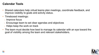 Calendar Tools
• Shared calendars help virtual teams plan meetings, coordinate feedback, and
improve visibility to goals and activity status.
• Timeboxed meetings:
• Improve focus
• Encourage team to set clear agendas and objectives
• Helps keep the work on track
• The team must decide how best to manage its calendar with an eye toward the
goal of visibility among the team and relevant stakeholders.
124
 