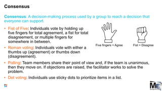 Consensus
140
• Fist of Five: Individuals vote by holding up
five fingers for total agreement, a fist for total
disagreement, or multiple fingers for
somewhere in between.
• Roman voting: Individuals vote with either a
thumbs up (agreement) or thumbs down
(disagreement).
Consensus: A decision-making process used by a group to reach a decision that
everyone can support.
• Polling: Team members share their point of view and, if the team is unanimous,
then they move on. If objections are raised, the facilitator works to solve the
problem.
• Dot voting: Individuals use sticky dots to prioritize items in a list.
Five fingers = Agree Fist = Disagree
 