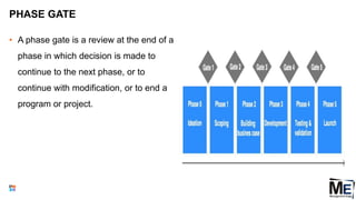 PHASE GATE
• A phase gate is a review at the end of a
phase in which decision is made to
continue to the next phase, or to
continue with modification, or to end a
program or project.
26
 