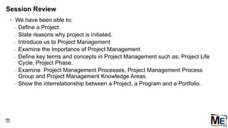 Session Review
• We have been able to;
• Define a Project
• State reasons why project is initiated.
• Introduce us to Project Management
• Examine the importance of Project Management
• Define key terms and concepts in Project Management such as; Project Life
Cycle, Project Phase.
• Examine Project Management Processes, Project Management Process
Group and Project Management Knowledge Areas.
• Show the interrelationship between a Project, a Program and a Portfolio.
 