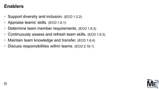 Enablers
• Support diversity and inclusion. (ECO 1.2.2)
• Appraise teams’ skills. (ECO 1.6.1)
• Determine team member requirements. (ECO 1.6.2)
• Continuously assess and refresh team skills. (ECO 1.6.3)
• Maintain team knowledge and transfer. (ECO 1.6.4)
• Discuss responsibilities within teams. (ECO 2.16.1)
39
 