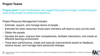 Project Teams
41
Project Resource Management includes:
• Estimate, acquire, and manage teams of people.
• Estimate the other resources those team members will need to carry out the work.
• Obtain the people.
• Develop the team, improve their competencies, facilitate interactions, and create an
effective teaming environment.
• Track team performance, create and execute improvements based on feedback,
resolve issues, and manage team personnel changes
Project team* A set of individuals who support the project manager in performing the
work of the project to achieve its objectives.
These definitions are taken from the Glossary of Project Management Institute, A Guide to the Project Management Body of Knowledge (PMBOK® Guide) – Sixth Edition, Project Management
Institute Inc., 2017.
 