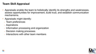 Team Skill Appraisal
• Appraisals enable the team to holistically identify its strengths and weaknesses,
assess opportunities for improvement, build trust, and establish communication
mechanisms.
• Appraisals might identify:
• Team preferences
• Aspirations
• Information processing and organization
• Decision making processes
• Interactions with other team members
47
 