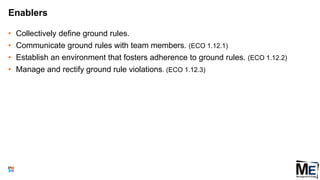Enablers
• Collectively define ground rules.
• Communicate ground rules with team members. (ECO 1.12.1)
• Establish an environment that fosters adherence to ground rules. (ECO 1.12.2)
• Manage and rectify ground rule violations. (ECO 1.12.3)
59
 