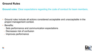 Ground Rules
62
• Ground rules include all actions considered acceptable and unacceptable in the
project management context.
• Benefits:
• Sets performance and communication expectations
• Decreases risk of confusion
• Improves performance
Ground rules: Clear expectations regarding the code of conduct for team members.
 