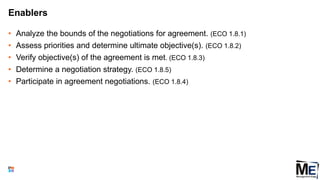 Enablers
• Analyze the bounds of the negotiations for agreement. (ECO 1.8.1)
• Assess priorities and determine ultimate objective(s). (ECO 1.8.2)
• Verify objective(s) of the agreement is met. (ECO 1.8.3)
• Determine a negotiation strategy. (ECO 1.8.5)
• Participate in agreement negotiations. (ECO 1.8.4)
72
 