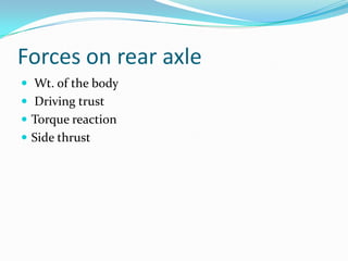 Forces on rear axle
 Wt. of the body
 Driving trust
 Torque reaction
 Side thrust
 