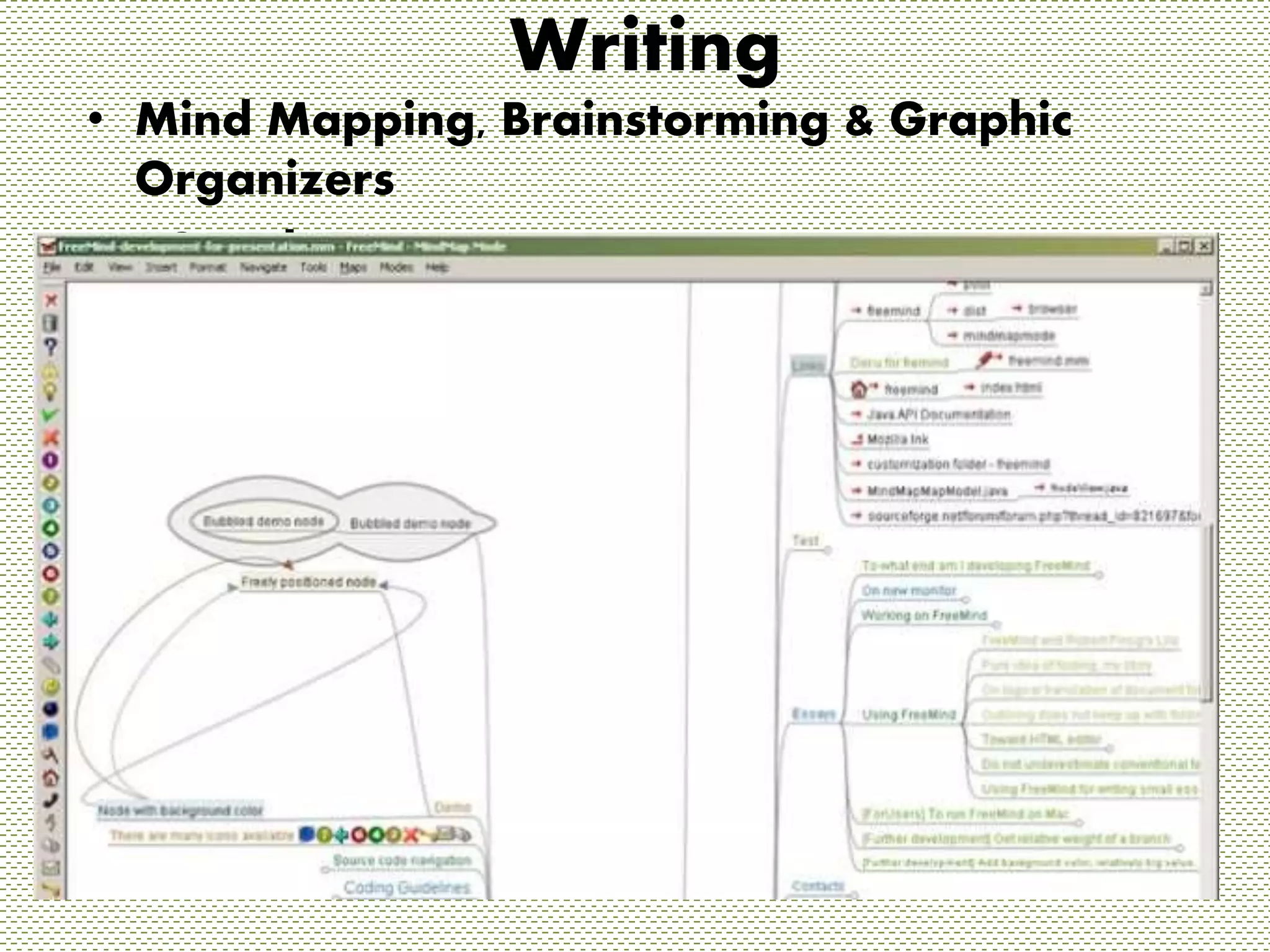 Writing 
• Mind Mapping, Brainstorming & Graphic 
Organizers 
• “Coggle” 
 