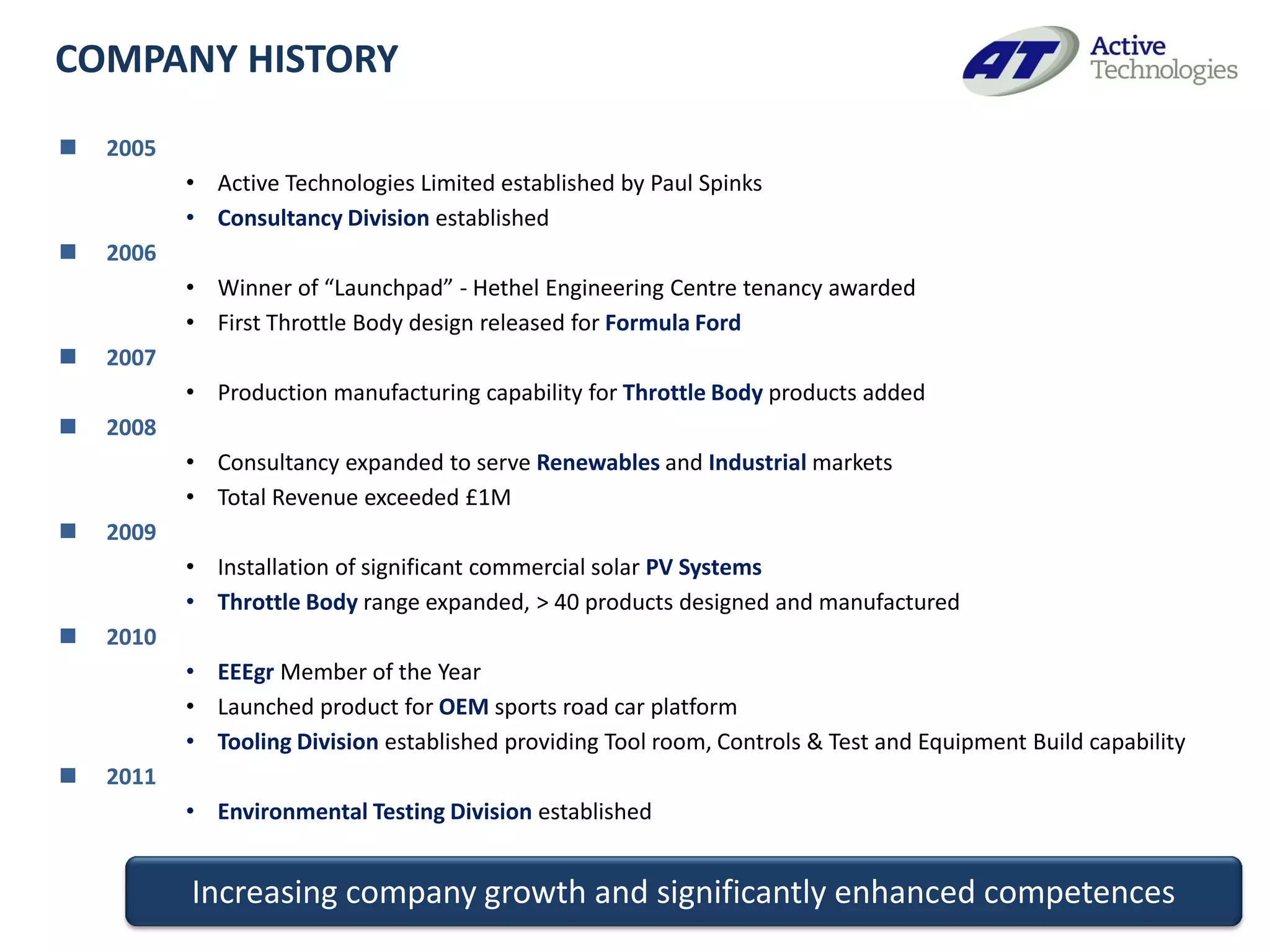 COMPANY HISTORY
   2005
           • Active Technologies Limited established by Paul Spinks
           • Consultancy Division established
   2006
           • Winner of “Launchpad” - Hethel Engineering Centre tenancy awarded
           • First Throttle Body design released for Formula Ford
   2007
           • Production manufacturing capability for Throttle Body products added
   2008
           • Consultancy expanded to serve Renewables and Industrial markets
           • Total Revenue exceeded £1M
   2009
           • Installation of significant commercial solar PV Systems
           • Throttle Body range expanded, > 40 products designed and manufactured
   2010
           • EEEgr Member of the Year
           • Launched product for OEM sports road car platform
           • Tooling Division established providing Tool room, Controls & Test and Equipment Build capability
   2011
           • Environmental Testing Division established


           Increasing company growth and significantly enhanced competences
 