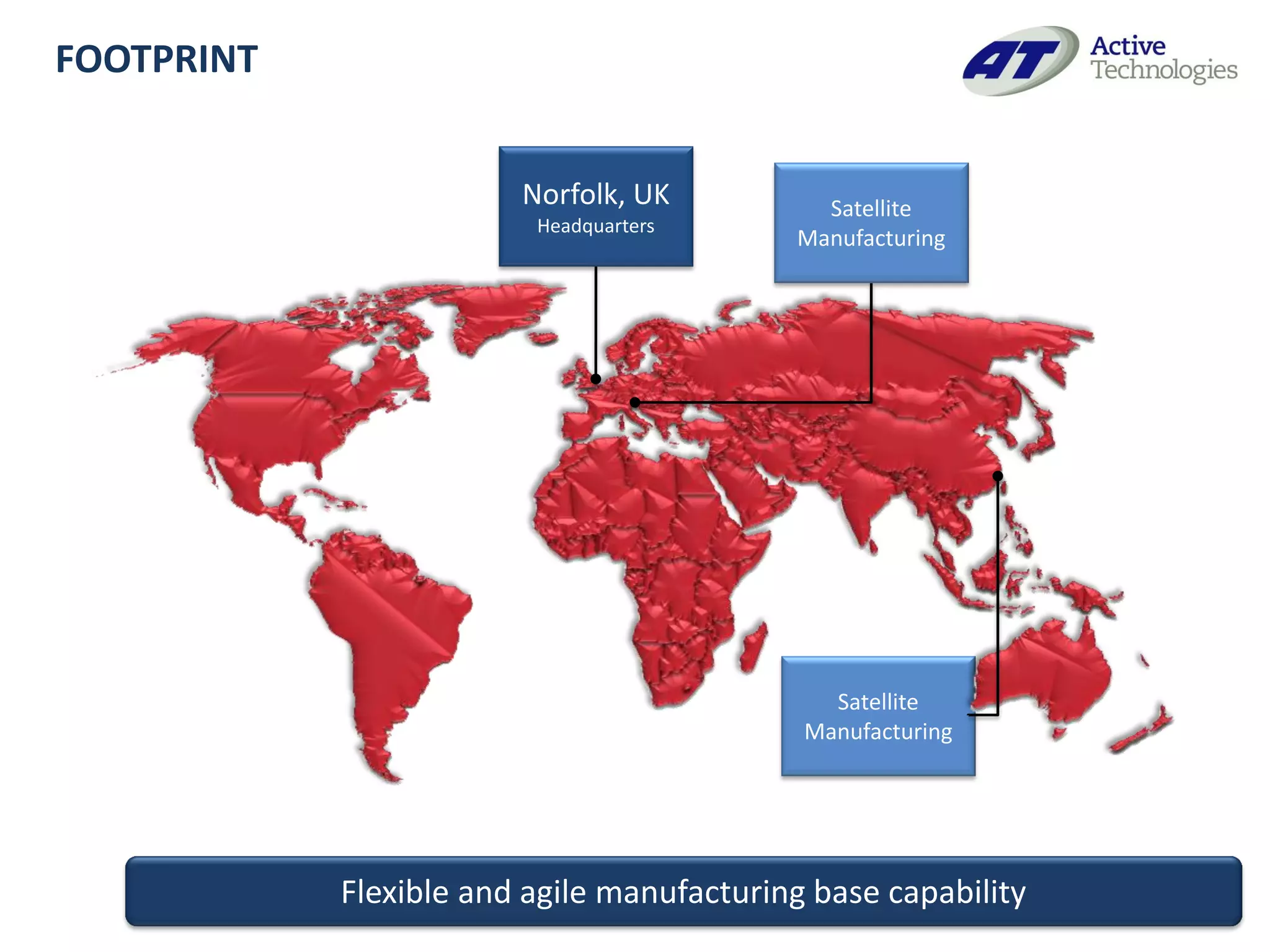 FOOTPRINT


                        Norfolk, UK          Satellite
                         Headquarters
                                           Manufacturing




                                              Satellite
                                            Manufacturing




            Flexible and agile manufacturing base capability
 