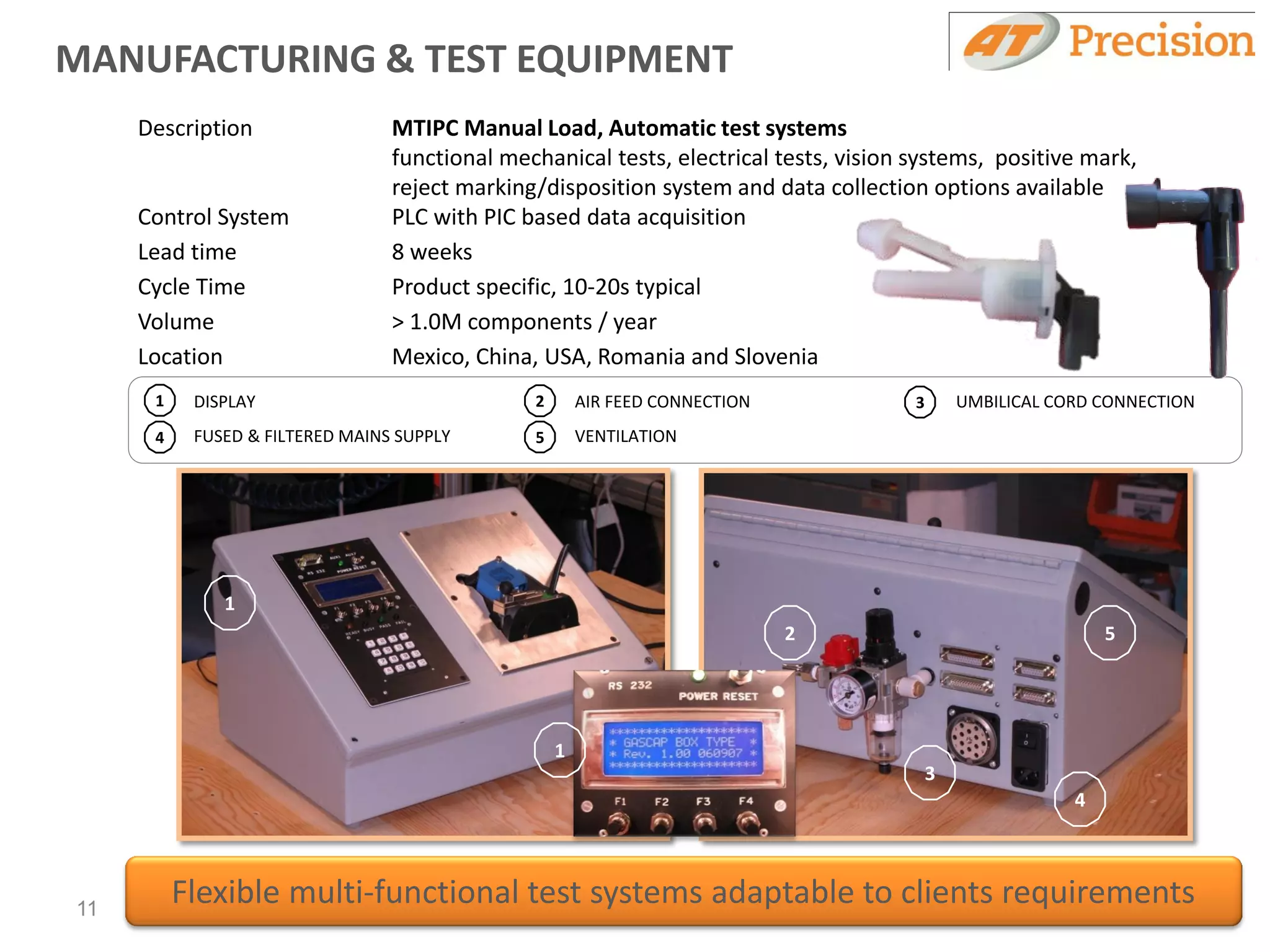 MANUFACTURING & TEST EQUIPMENT
     Description                 MTIPC Manual Load, Automatic test systems
                                 functional mechanical tests, electrical tests, vision systems, positive mark,
                                 reject marking/disposition system and data collection options available
     Control System              PLC with PIC based data acquisition
     Lead time                   8 weeks
     Cycle Time                  Product specific, 10-20s typical
     Volume                      > 1.0M components / year
     Location                    Mexico, China, USA, Romania and Slovenia
      1    DISPLAY                             2       AIR FEED CONNECTION             3       UMBILICAL CORD CONNECTION
      4    FUSED & FILTERED MAINS SUPPLY       5       VENTILATION




              1
                                                                             2                                 5




                                                   1
                                                                                           3
                                                                                                           4




11
          Flexible multi-functional test systems adaptable to clients requirements
 