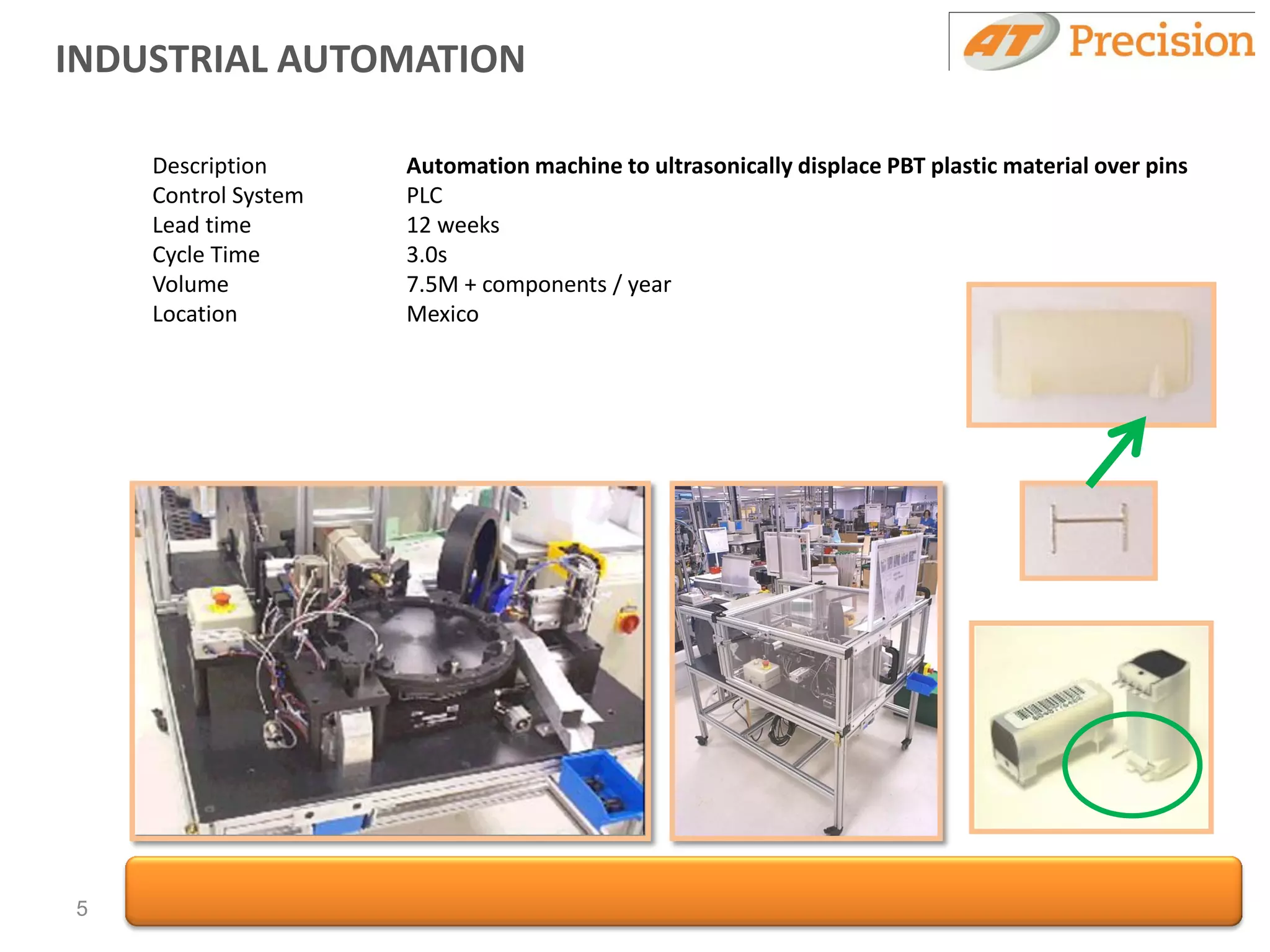INDUSTRIAL AUTOMATION

    Description      Automation machine to ultrasonically displace PBT plastic material over pins
    Control System   PLC
    Lead time        12 weeks
    Cycle Time       3.0s
    Volume           7.5M + components / year
    Location         Mexico




5
 