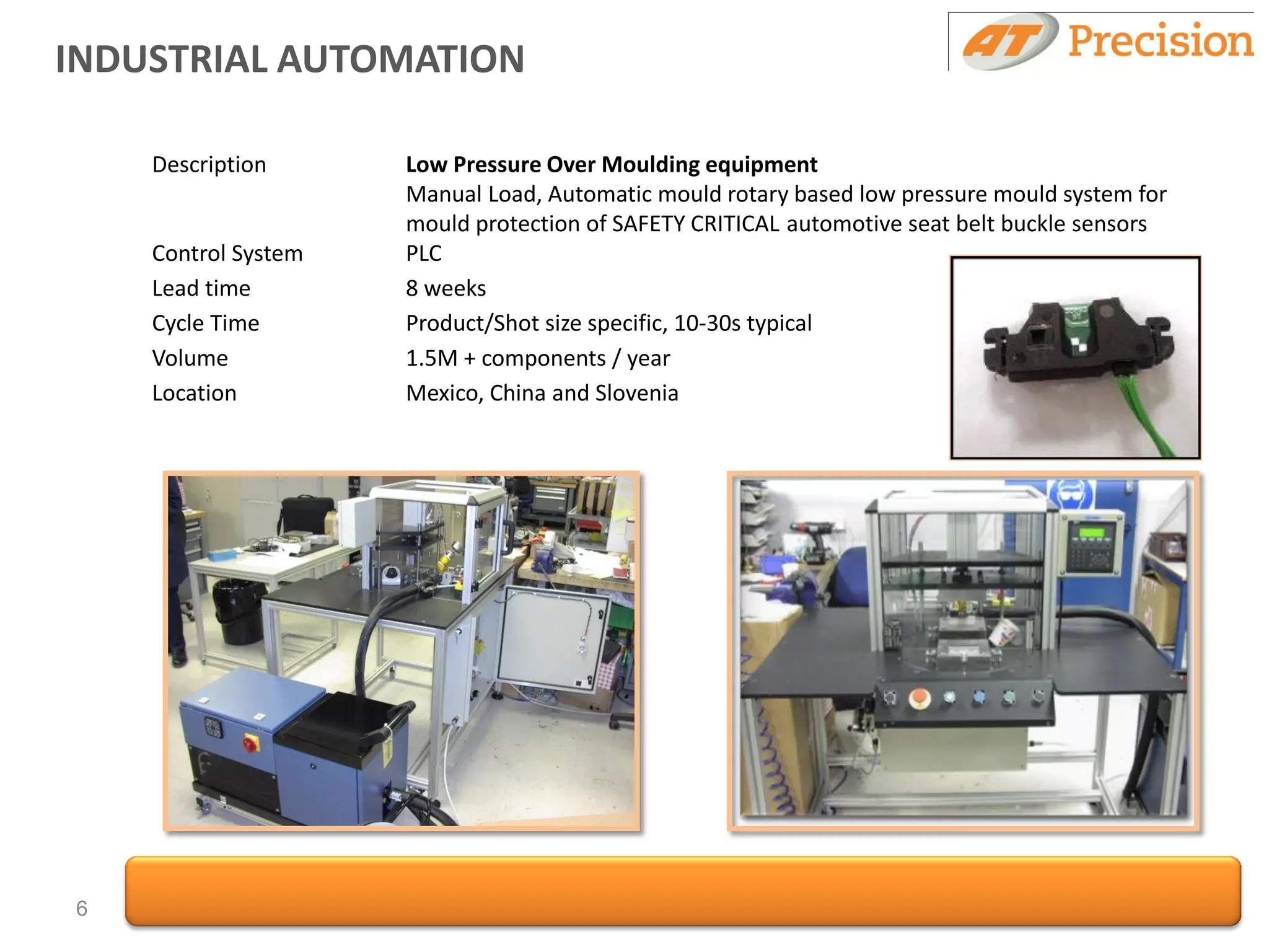 INDUSTRIAL AUTOMATION

    Description      Low Pressure Over Moulding equipment
                     Manual Load, Automatic mould rotary based low pressure mould system for
                     mould protection of SAFETY CRITICAL automotive seat belt buckle sensors
    Control System   PLC
    Lead time        8 weeks
    Cycle Time       Product/Shot size specific, 10-30s typical
    Volume           1.5M + components / year
    Location         Mexico, China and Slovenia




6
 