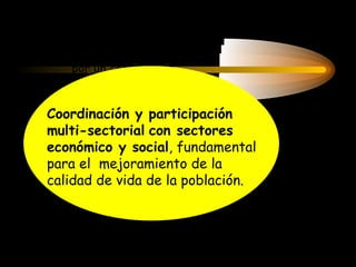 Proceso Salud-Enfermedad  Condicionado por un conjunto de  factores interrelacionados Coordinación y participación multi-sectorial   con sectores económico y social , fundamental para el  mejoramiento de la calidad de vida de la población.  