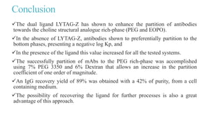 Conclusion
The dual ligand LYTAG-Z has shown to enhance the partition of antibodies
towards the choline structural analogue rich-phase (PEG and EOPO).
In the absence of LYTAG-Z, antibodies shown to preferentially partition to the
bottom phases, presenting a negative log Kp, and
In the presence of the ligand this value increased for all the tested systems.
The successfully partition of mAbs to the PEG rich-phase was accomplished
using 7% PEG 3350 and 6% Dextran that allows an increase in the partition
coefficient of one order of magnitude.
An IgG recovery yield of 89% was obtained with a 42% of purity, from a cell
containing medium.
The possibility of recovering the ligand for further processes is also a great
advantage of this approach.
 