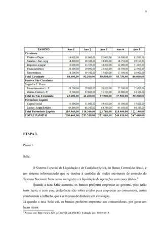 9
ETAPA 3.
Passo 1.
Selic.
O Sistema Especial de Liquidação e de Custódia (Selic), do Banco Central do Brasil, é
um sistema informatizado que se destina à custódia de títulos escriturais de emissão do
Tesouro Nacional, bem como ao registro e à liquidação de operações com esses títulos.3
Quando a taxa Selic aumenta, os bancos preferem emprestar ao governo, pois terão
mais lucro, e com essa preferência não sobra credito para emprestar ao consumidor, assim
combatendo a inflação, que é o excesso de dinheiro em circulação.
Já quando a taxa Selic cai, os bancos preferem emprestar aos consumidores, por gerar um
lucro maior.
3
Acesso em: http://www.bcb.gov.br/?SELICINTRO. Extraído em: 30/03/2015.
 