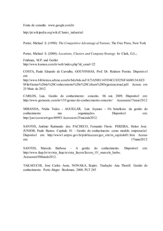 Fonte de consulta: www.google.com.br
http://pt.wikipedia.org/wiki/Cluster_industrial
Porter, Michael E. (1990): The Competitive Advantage of Nations. The Free Press, New York
Porter, Michael E. (2000): Locations, Clusters and Company Strategy. In: Clark, G.L.;
Feldman, M.P. und Gertler
http://www.kumon.com.br/web/index.php?id_canal=22
COSTA, Paulo Eduardo de Carvalho, GOUVINHAS, Prof. Dr. Reidson Pereira. Disponível
em:
http://www.biblioteca.sebrae.com.br/bds/bds.nsf/A73A5081143934CC03256FA600134AE5/
$File/Gestao%20do%20Conhecmiento%20e%20Cultura%20Organizacional.pdf. Acesso em
25 Maio de 2012
CARLOS, Luis. Gestão do conhecimento: conceito. 06 out. 2009. Disponível em:
http://www.gestaoetc.com.br/135/gestao-do-conhecimento-conceito/ Acessoem:17maio2012
MIRANDA, Nádia Tadeu - AGUILLAR, Luis Joyanes - Os benefícios da gestão do
conhecimento nas organizações. Disponível em:
http://jusvi.com/artigos/40993.Acessoem:25maiode2012.
SANTOS, Antônio Raimundo dos. PACHECO, Fernando Flavio. PEREIRA, Heitor José.
JUNIOR, Paulo Bastos. Capitulo 01 – Gestão do conhecimento como modelo empresarial.
Disponível em: http://www1.serpro.gov.br/publicacoes/gco_site/m_capitulo01.htm Acesso
em: 17maio2012
SANTOS, Marcelo Barbosa – A gestão do conhecimento. Disponível em:
http://www.faap.br/revista_faap/revista_facom/facom_15/_marcelo_barbo.
Acessoem18Maiode2012.
TAKAEUCHI, Jose Carlos Assis, NONAKA, Ikujiro. Tradução Ana Thorell. Gestão do
conhecimento. Porto Alegre: Bookman, 2008. PLT 245
 