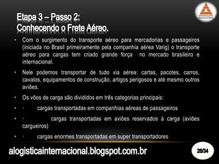 • Com o surgimento do transporte aéreo para mercadorias e passageiros
(iniciada no Brasil primeiramente pela companhia aérea Varig) o transporte
aéreo para cargas tem criado grande força no mercado brasileiro e
internacional.
• Nele podemos transportar de tudo via aérea: cartas, pacotes, carros,
cavalos, equipamentos de construção, artigos perigosos e até mesmo outros
aviões.
• Os vôos de carga são divididos em três categorias principais:
• · cargas transportadas em companhias aéreas de passageiros
• · cargas transportadas em aviões reservados à carga (aviões
cargueiros)
• · cargas enormes transportadas em super transportadores
 