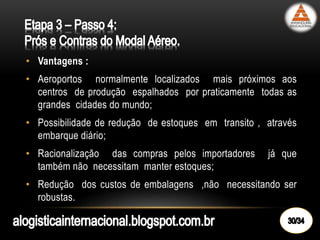 • Vantagens :
• Aeroportos normalmente localizados mais próximos aos
centros de produção espalhados por praticamente todas as
grandes cidades do mundo;
• Possibilidade de redução de estoques em transito , através
embarque diário;
• Racionalização das compras pelos importadores já que
também não necessitam manter estoques;
• Redução dos custos de embalagens ,não necessitando ser
robustas.
 