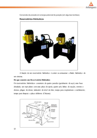 12
Conversão de pressão em energia potencial de posição (em algumas bombas).
Reservatórios Hidráulicos
A função de um reservatório hidráulico é conter ou armazenar o fluido hidráulico de
um sistema.
Do que consiste um Reservatório Hidráulico
Os reservatórios hidráulicos consistem de quatro paredes (geralmente de aço); uma base
abaulada; um topo plano com uma placa de apoio, quatro pés; linhas de sucção, retorno e
drenos; plugue do dreno; indicador de nível de óleo; tampa para respiradouro e enchimento;
tampa para limpeza e placa defletora (Chicana).
 