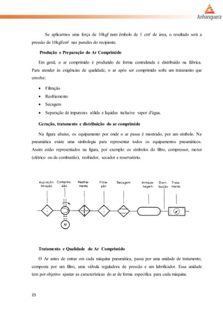 23
Se aplicarmos uma força de 10kgf num êmbolo de 1 cm² de área, o resultado será a
pressão de 10kgf/cm² nas paredes do recipiente.
Produção e Preparação do Ar Comprimido
Em geral, o ar comprimido é produzido de forma centralizada e distribuído na fábrica.
Para atender às exigências de qualidade, o ar após ser comprimido sofre um tratamento que
envolve:
 Filtração
 Resfriamento
 Secagem
 Separação de impurezas sólida e líquidas inclusive vapor d'água.
Geração, tratamento e distribuição do ar comprimido
Na figura abaixo, os equipamento por onde o ar passa é mostrado, por um símbolo. Na
pneumática existe uma simbologia para representar todos os equipamentos pneumáticos.
Assim estão representados na figura, por exemplo: os símbolos do filtro, compressor, motor
(elétrico ou de combustão), resfriador, secador e reservatório.
Tratamento e Qualidade do Ar Comprimido
O Ar antes de entrar em cada máquina pneumática, passa por uma unidade de tratamento,
composta por um filtro, uma válvula reguladora de pressão e um lubrificador. Essa unidade
tem por objetivo ajustar as características do ar de forma específica para cada máquina.
 