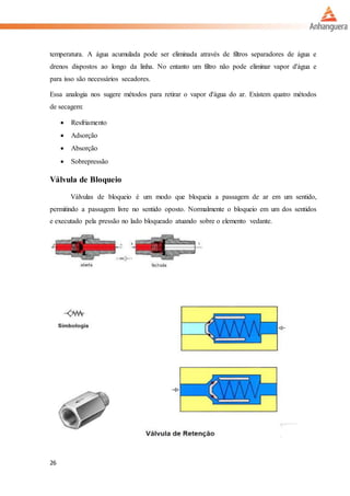 26
temperatura. A água acumulada pode ser eliminada através de filtros separadores de água e
drenos dispostos ao longo da linha. No entanto um filtro não pode eliminar vapor d'água e
para isso são necessários secadores.
Essa analogia nos sugere métodos para retirar o vapor d'água do ar. Existem quatro métodos
de secagem:
 Resfriamento
 Adsorção
 Absorção
 Sobrepressão
Válvula de Bloqueio
Válvulas de bloqueio é um modo que bloqueia a passagem de ar em um sentido,
permitindo a passagem livre no sentido oposto. Normalmente o bloqueio em um dos sentidos
e executado pela pressão no lado bloqueado atuando sobre o elemento vedante.
 