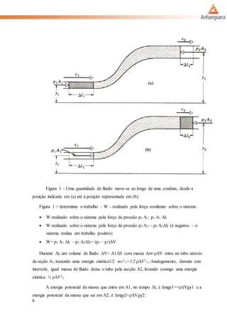 6
Figura 1 – Uma quantidade de fluido move-se ao longo de uma conduta, desde a
posição indicada em (a) até à posição representada em (b).
Figura 1 > determinar o trabalho – W – realizado pela força resultante sobre o sistema:
 W realizado sobre o sistema pela força de pressão p1 A1: p1 A1 Δl1
 W realizado sobre o sistema pela força de pressão p2 A2: - p2 A2Δl2 (é negativo – o
sistema realiza um trabalho positivo)
 W= p1 A1 Δl1 – p2 A2Δl2= (p1 – p2)ΔV
Durante Δt, um volume de fluido ΔV= A1Δl1 com massa Δm=ρΔV entra no tubo através
da seção A1, trazendo uma energia cinética1/2 mv2
1=1/2 ρΔV2
1 . Analogamente, durante este
intervalo, igual massa de fluido deixa o tubo pela secção A2, levando consigo uma energia
cinética ½ ρΔV2
2.
A energia potencial da massa que entra em A1, no tempo Δt, é Δmgy1==ρΔVgy1 e a
energia potencial da massa que sai em A2, é Δmgy2=ρΔVgy2:
 
