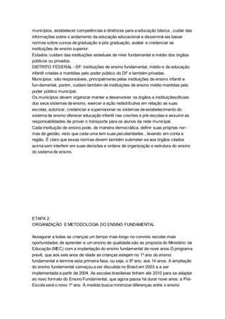 municípios, estabelecer competências e diretrizes para a educação básica , cuidar das
informações sobre o andamento da educação educacional e disseminá-las baixar
normas sobre cursos de graduação e pós graduação, avaliar e credenciar as
instituições de ensino superior.
Estados: cuidam das instituições estaduais de nível fundamental e médio dos órgãos
públicos ou privados.
DISTRITO FEDERAL - DF: instituições de ensino fundamental, médio e de educação
infantil criadas e mantidas pelo poder público do DF e também privadas.
Municípios: são responsáveis, principalmente pelas instituições de ensino infantil e
fun-damental, porém, cuidam também de instituições de ensino médio mantidas pelo
poder público municipal.
Os municípios devem organizar manter e desenvolver os órgãos e instituiçõesoficiais
dos seus sistemas de ensino, exercer a ação redistributiva em relação as suas
escolas, autorizar, credenciar e supervisionar os sistemas de estabelecimento do
sistema de ensino oferecer educação infantil nas creches e pré-escolas e assumir as
responsabilidades de prover o transporte para os alunos da rede municipal.
Cada instituição de ensino pode, de maneira democrática, definir suas próprias nor-
mas de gestão, visto que cada uma tem suas peculiaridades , levando em conta a
região. É claro que essas normas devem também submeter-se aos órgãos citados
acima sem interferir em suas decisões e ordens de organização e estrutura do ensino
do sistema de ensino.
ETAPA 2:
ORGANIZAÇÃO E METODOLOGIA DO ENSINO FUNDAMENTAL
Assegurar a todas as crianças um tempo mais longo no convívio escolar,mais
oportunidades de aprender e um ensino de qualidade,são as proposta do Ministério da
Educação (MEC) com a implantação do ensino fundamental de nove anos.O programa
prevê, que aos seis anos de idade as crianças estejam no 1º ano do ensino
fundamental e termine esta primeira fase, ou seja, o 9º ano, aos 14 anos. A ampliação
do ensino fundamental começou a ser discutida no Brasil em 2003 e a ser
implementada a partir de 2004. As escolas brasileiras tinham até 2010 para se adaptar
ao novo formato do Ensino Fundamental, que agora passa há durar nove anos: a Pré-
Escola será o novo 1º ano. À medida busca minimizar diferenças entre o ensino
 