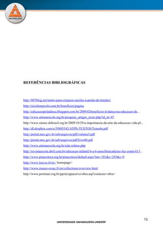 REFERÊNCIAS BIBLIOGRÁFICAS



http://007blog.net/teatro-para-criancas-auxilia-a-perda-da-timidez/
http://nicolemarcelo.com.br/beneficios/pagina
http://educacaopeladanca.blogspot.com.br/2009/02beneficios-d-danca-na-educacao-da...
http://www.artenaescola.org.br/pesquise_artigos_texto.php?id_m=87
http://www.rumos dobrasil.org.br/2009/10/29/a-importancia-da-arte-da-educacao-vida-pl...
http://dl.dropbox.com/u/59805542/ATPS-TEXTOS/Tema4a.pdf
http://portal.mec.gov.br/seb/arquivos/pdf/volume3.pdf
http://portal.mec.gov.br/seb/arquivos/pdf/livro06.pdf
http://www.artenaescola.org.br/sala relatos.php
http://revistaescola.abril.com.br/educacao-infantil/4-a-6-anos/brincadeiras-faz-conta-613...
http://www.pinacoteca.org.br/pinacoteca/default.aspx?mn=101&c=293&s=0
http://www.louvre.fr/en / homepage>
http://www.musee-orsay.fr/en/collections/overview.html
http://www.portinari.org.br/ppsite/ppacervo/obra.asp?contexto=obra>




                                                                                               13
                         UNIVERSIDADE ANHANGUERA-UNIDERP
 