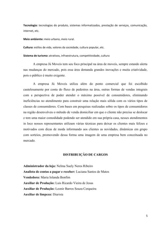 Tecnologia: tecnologias do produto, sistemas informatizados, prestação de serviços, comunicação,
internet, etc.
Meio ambiente: meio urbano, meio rural.
Cultura: estilos de vida, valores da sociedade, cultura popular, etc.
Sistema de turismo: atrativos, infraestrutura, competitividade, cultura
A empresa Jú Moveis tem seu foco principal na área de moveis, sempre estando alerta
nas mudanças do mercado, pois essa área demanda grandes inovações e muita criatividade,
pois o público é muito exigente.
A empresa Jú Moveis utiliza além do ponto comercial que foi escolhido
cautelosamente por conta do fluxo de pedestres na área, outras formas de vendas integrais
com a perspectiva de poder atender o máximo possível de consumidores, eliminando
ineficiências no atendimento para construir uma relação mais sólida com os vários tipos de
classes de consumidores. Com bases em pesquisas realizadas sobre os tipos de consumidores
na região desenvolveu o método de venda domiciliar em que o cliente não precisa se deslocar
e tem uma maior comodidade podendo ser atendido em sua própria casa, nesses atendimentos
in loco nossos representantes utilizam várias técnicas para deixar os clientes mais felizes e
motivados com dicas de moda informando aos clientes as novidades, dinâmicas em grupo
com sorteios, promovendo dessa forma uma imagem de uma empresa bem conceituada no
mercado.
DISTRIBUIÇÃO DE CARGOS
Administrador da loja: Nelma Suely Neres Ribeiro
Analista de contas a pagar e receber: Luciana Santos de Matos
Vendedora: Maria Iolanda Bonfim
Auxiliar de Produção: Luis Ricardo Vieira de Jesus
Auxiliar de Produção: Leonir Barros Souza Cerqueira
Auxiliar de limpeza: Diarista
5
 